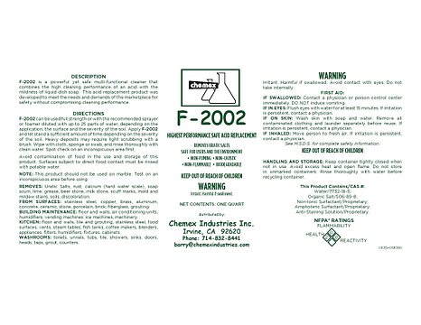 F-2002 Removes Hard Water Scale, acid replacement cleaner